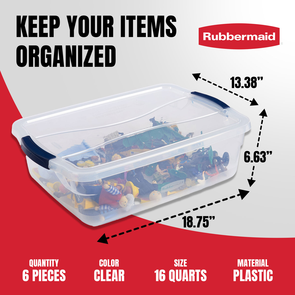 Rubbermaid Cleverstore Clear 16 Qt Plastic Storage Bins with Lids, 6-Pack